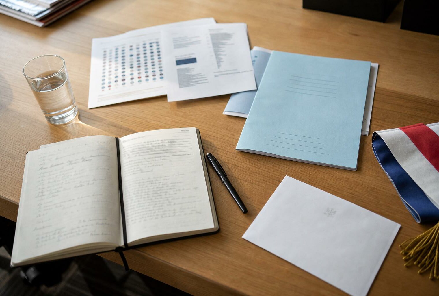 Flat lay éditorial d’un bureau de campagne avec dossiers, carnets et éléments institutionnels français autour de la présidentielle 2027