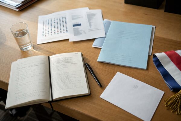 Flat lay éditorial d’un bureau de campagne avec dossiers, carnets et éléments institutionnels français autour de la présidentielle 2027