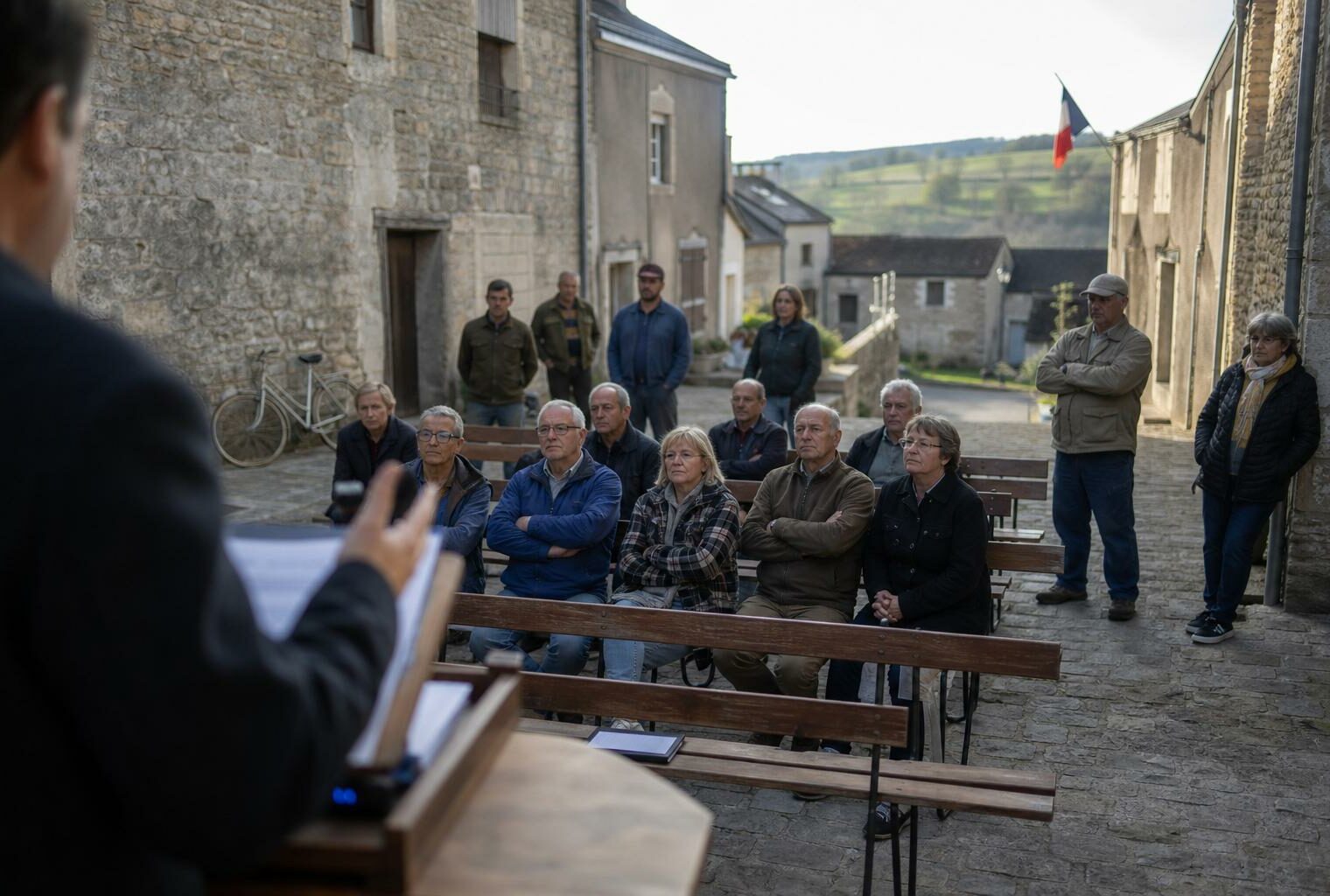 Scène de meeting politique dans un village français avec habitants assis sur des bancs et drapeau tricolore discret en arrière-plan