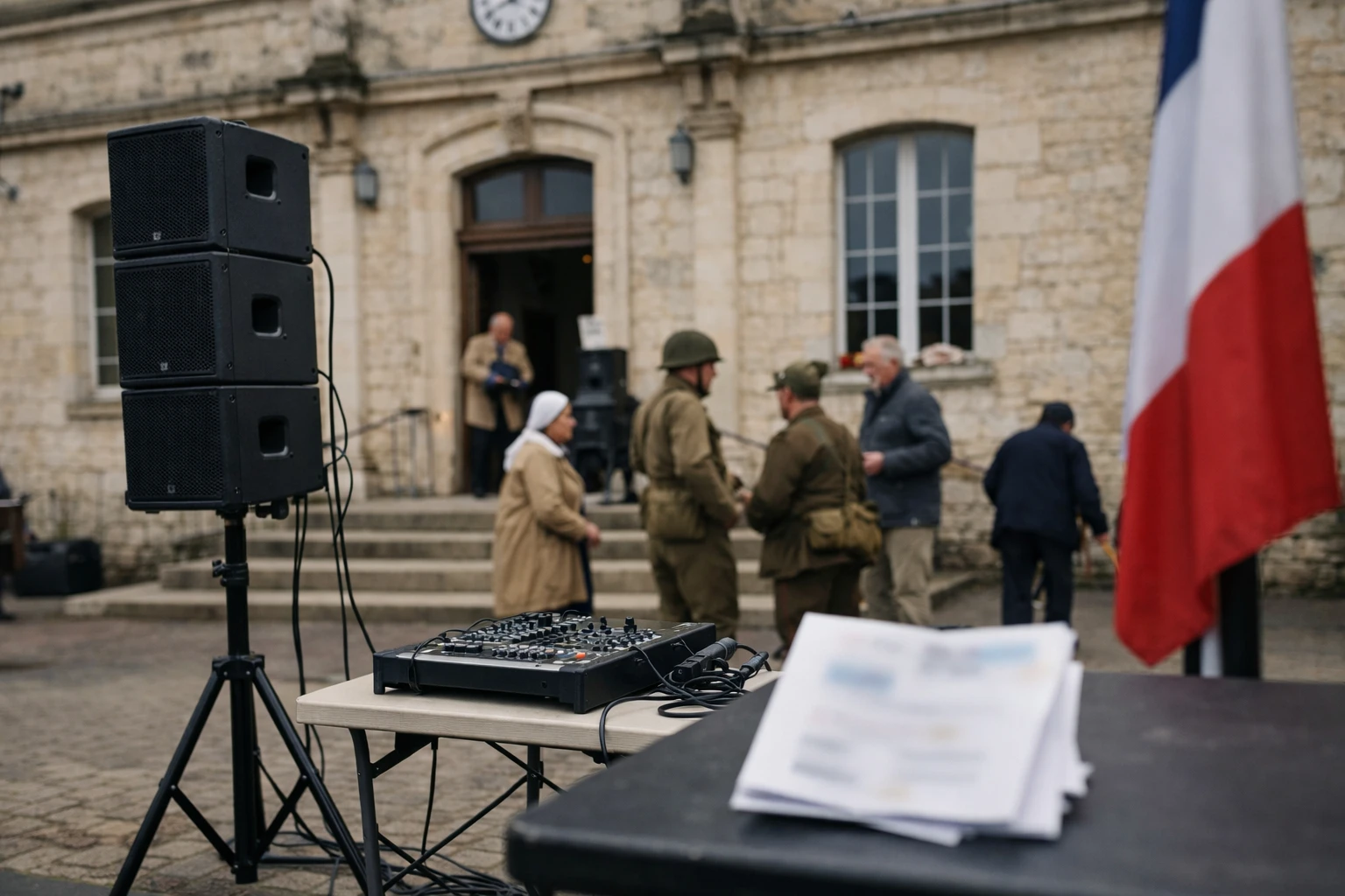 Cérémonie du 8-Mai devant une mairie française, avec reconstitution historique et matériel sonore municipal