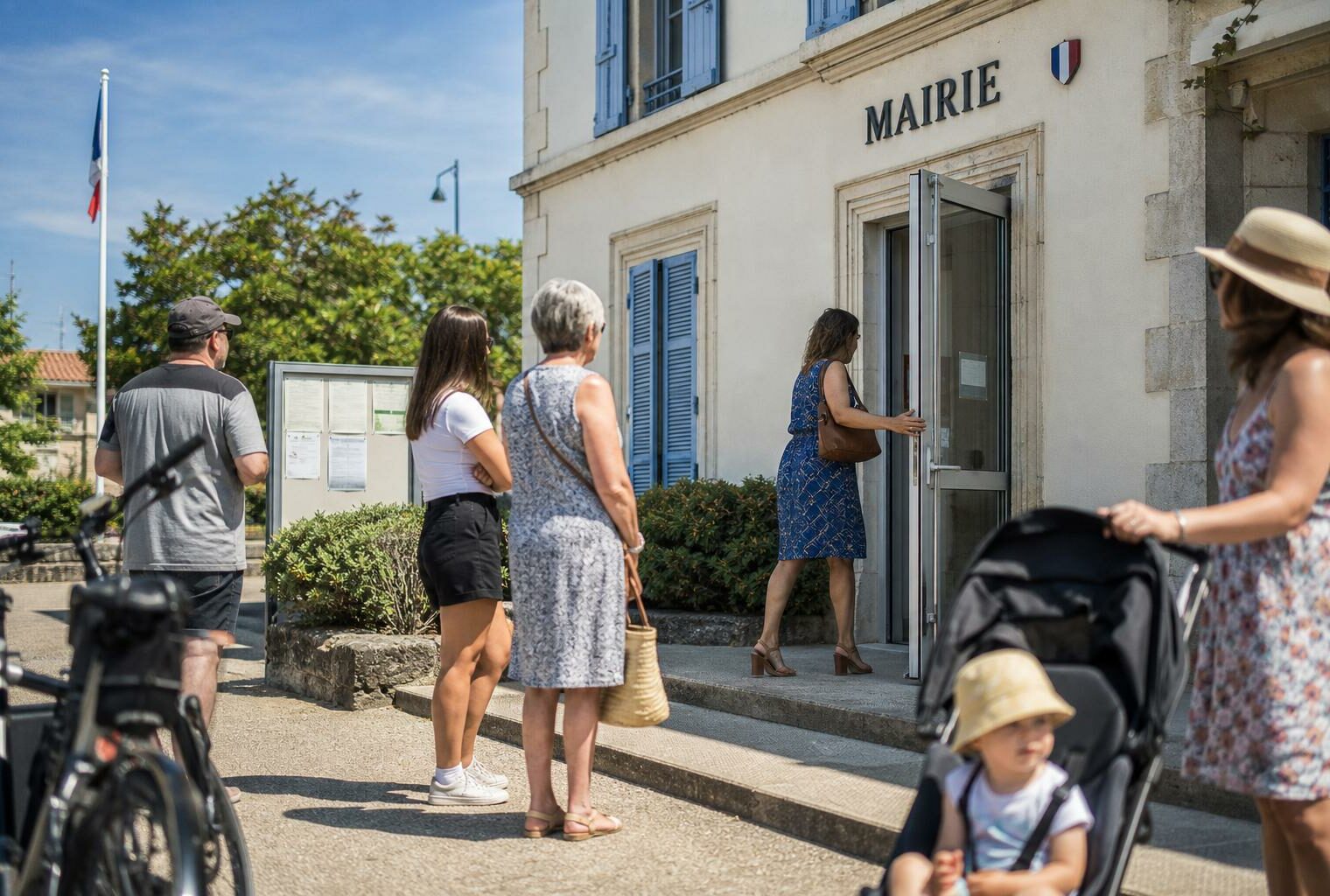 Des habitants attendent devant une mairie de province pendant une vague de chaleur précoce.
