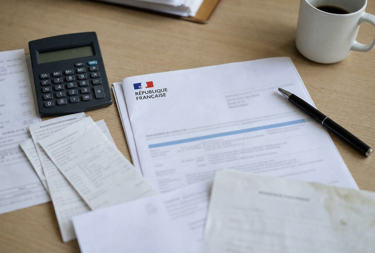 Vue de dessus d’un bureau administratif français avec calculatrice, justificatifs de carburant et document officiel de la République française.