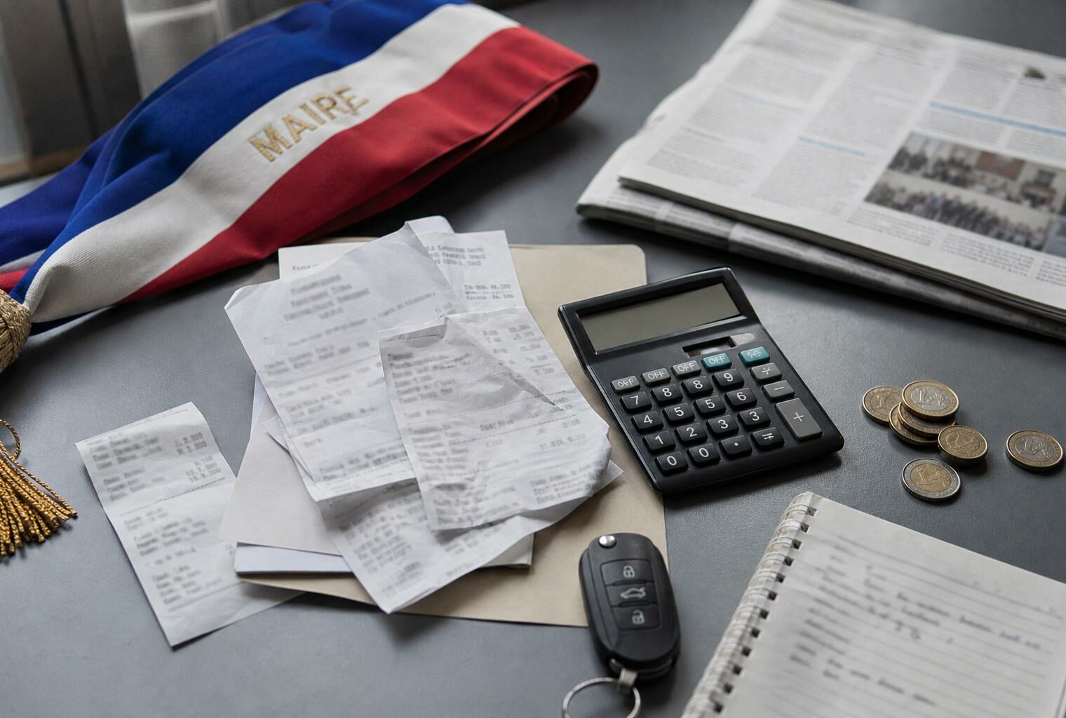 Vue en plongée d’un bureau avec reçus de carburant, calculatrice, pièces euro et écharpe tricolore d’élu pour illustrer le pouvoir d’achat.
