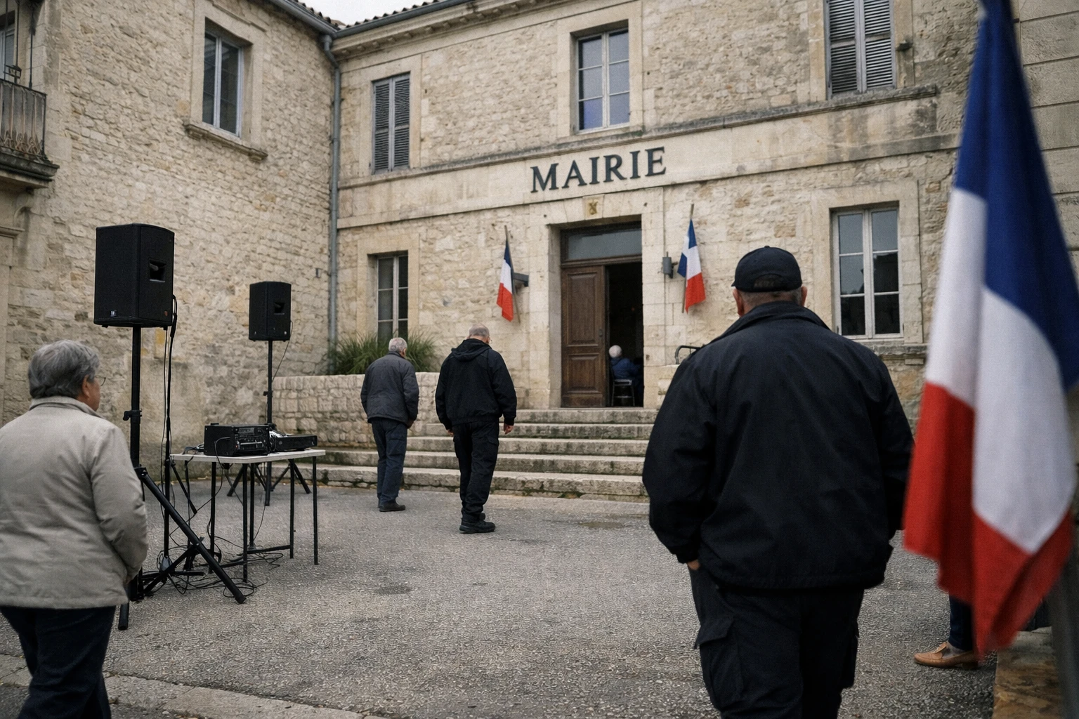 Place de mairie à Carpentras pendant une commémoration du 8 mai, avec façade municipale et haut-parleurs de ville.