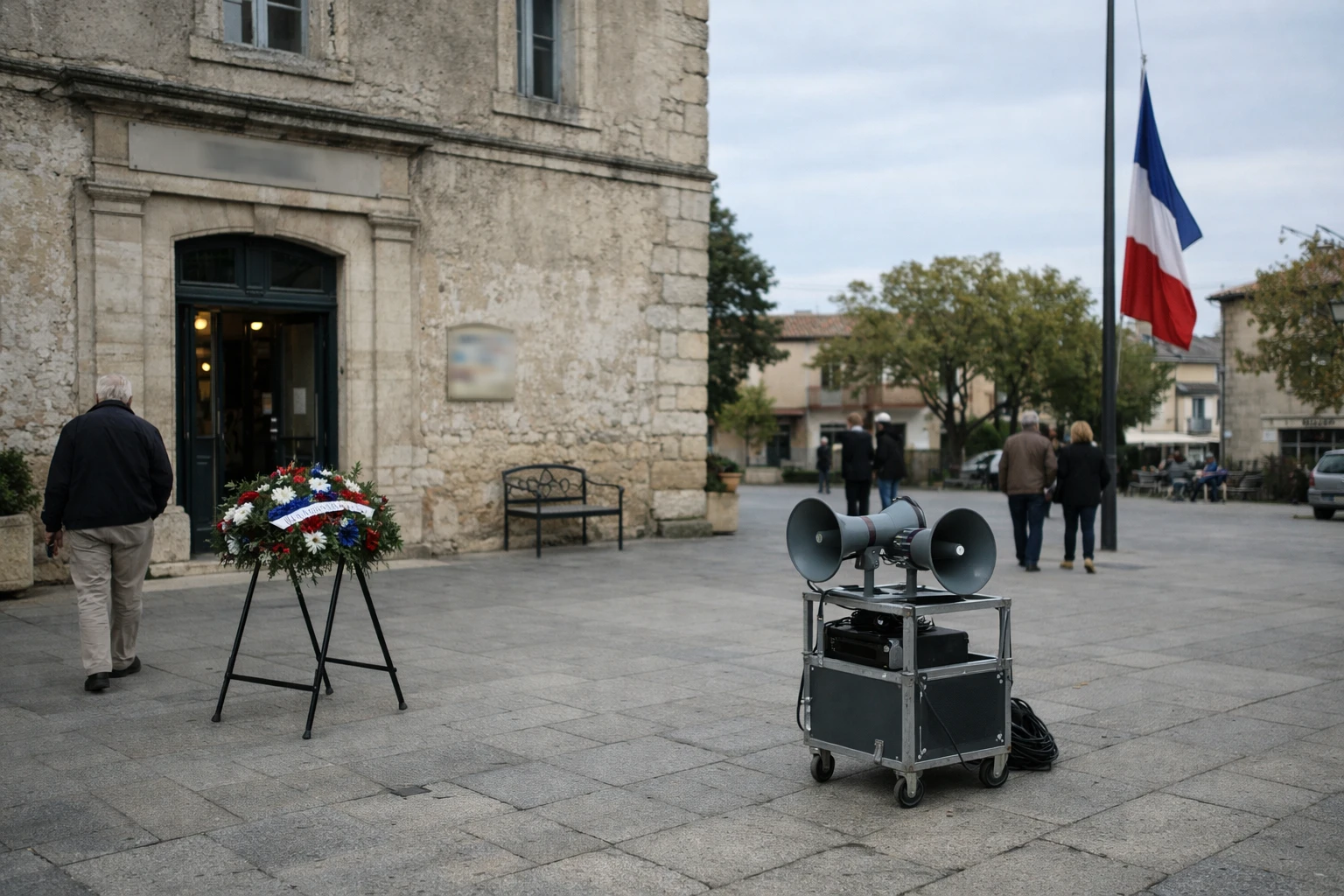 Façade d’une mairie française et place vide après une commémoration, avec drapeau tricolore discret en bord de cadre