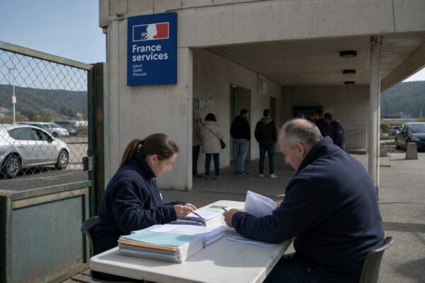 Checkpoint administratif français calme avec agents anonymes, dossiers papier et voitures civiles devant un bâtiment de service.