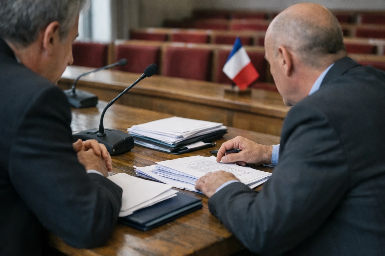 Deux négociateurs politiques anonymes discutent autour d'une table dans une salle institutionnelle française, avec micros et sièges rouges en arrière-plan.