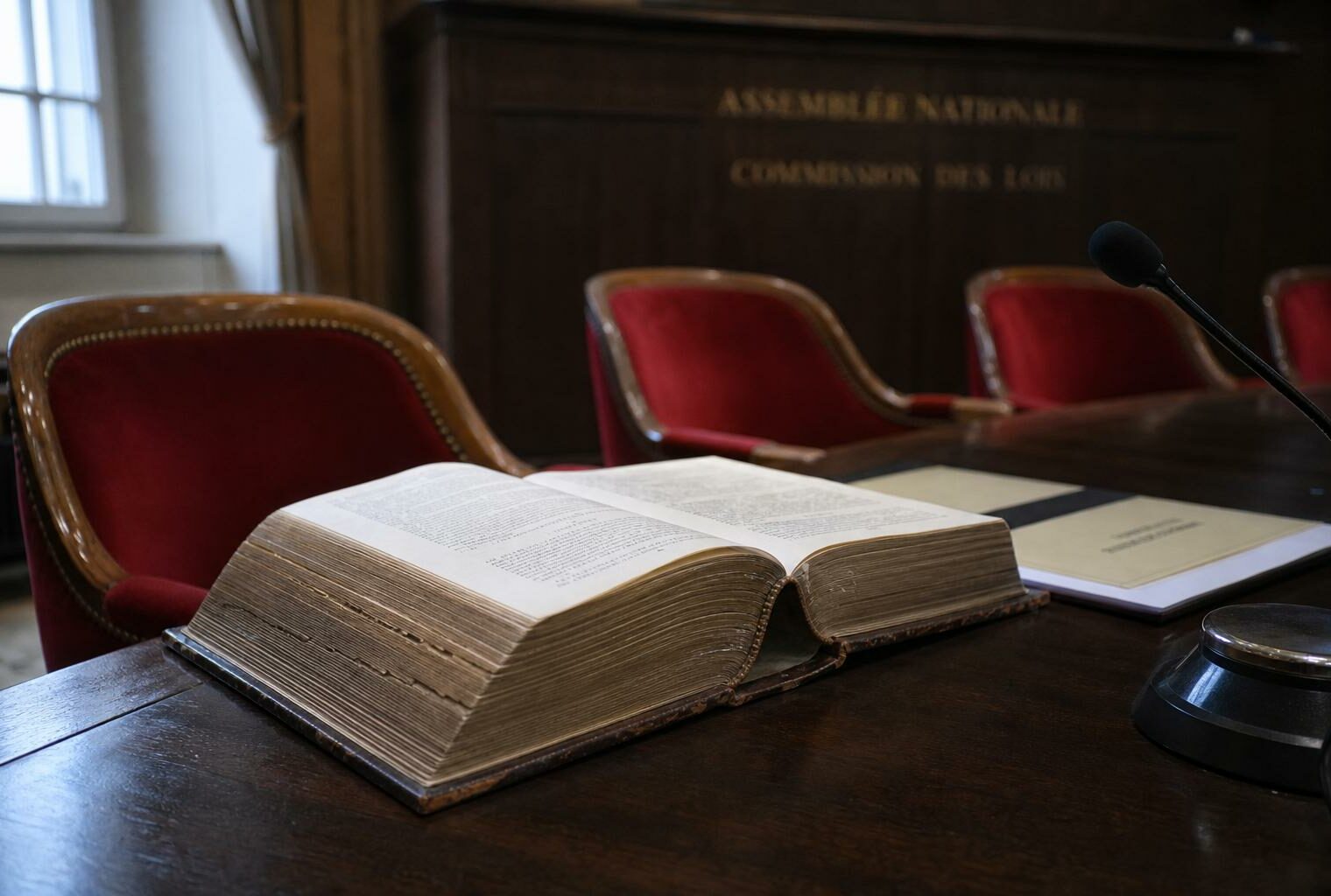 Gros plan photojournalistique d’un code juridique et d’un dossier parlementaire dans une salle de commission de l’Assemblée nationale.