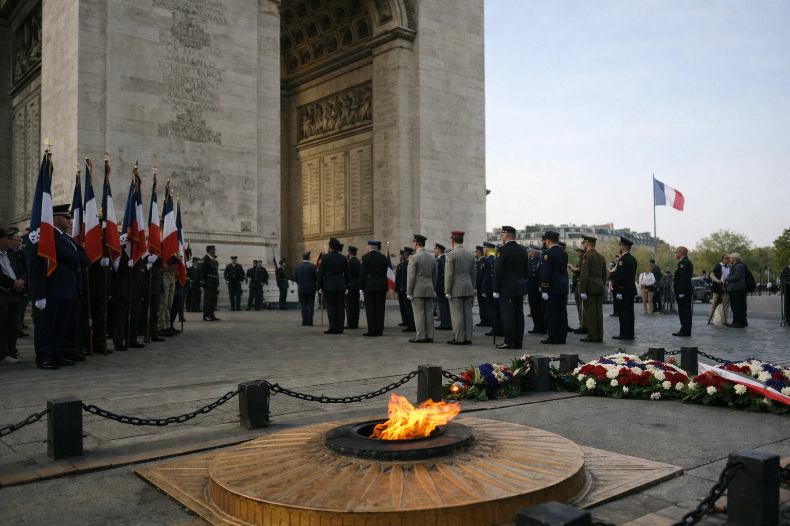 Cérémonie du 8 mai sous l’Arc de triomphe à Paris, avec porte-drapeaux et flamme du Soldat inconnu