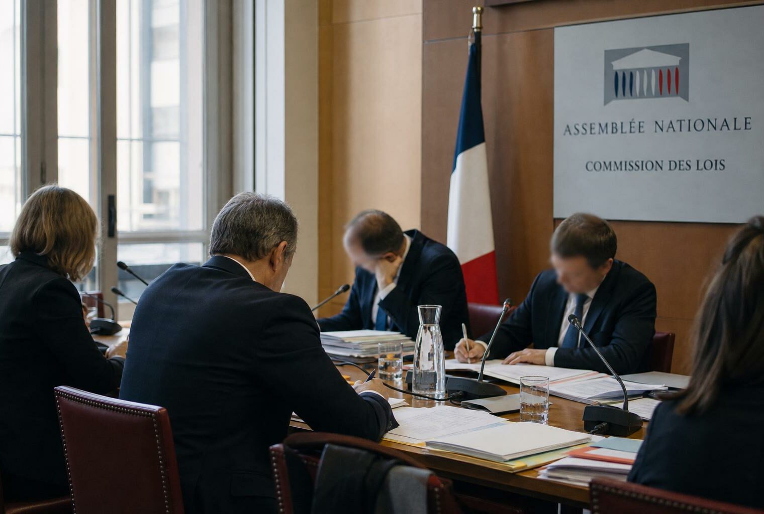 Réunion parlementaire avec micros, dossiers ouverts et silhouettes anonymes dans une salle claire