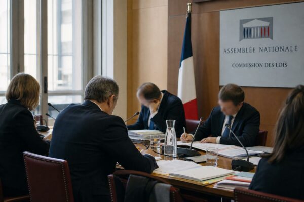 Réunion parlementaire avec micros, dossiers ouverts et silhouettes anonymes dans une salle claire