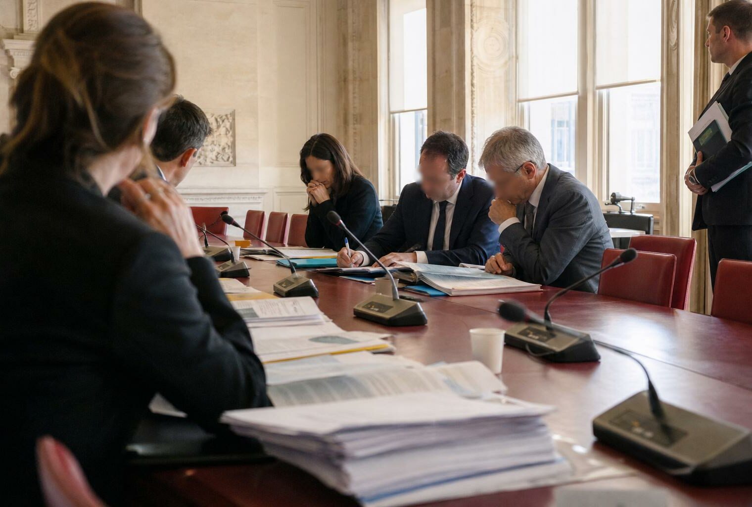 Réunion parlementaire en commission sur les violences après match, avec micros, dossiers et élus anonymes.