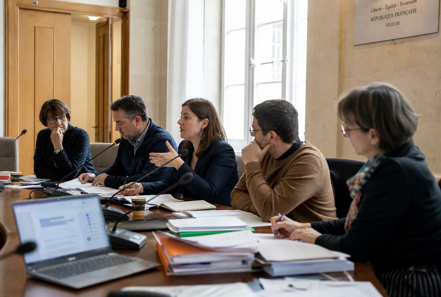 Réunion institutionnelle en France sur la protection de l’enfance, avec micros et dossiers autour d’une table.
