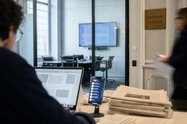 Salle de rédaction française avec écrans flous, journaux pliés et plaque institutionnelle, illustrant le débat sur la concentration des médias.