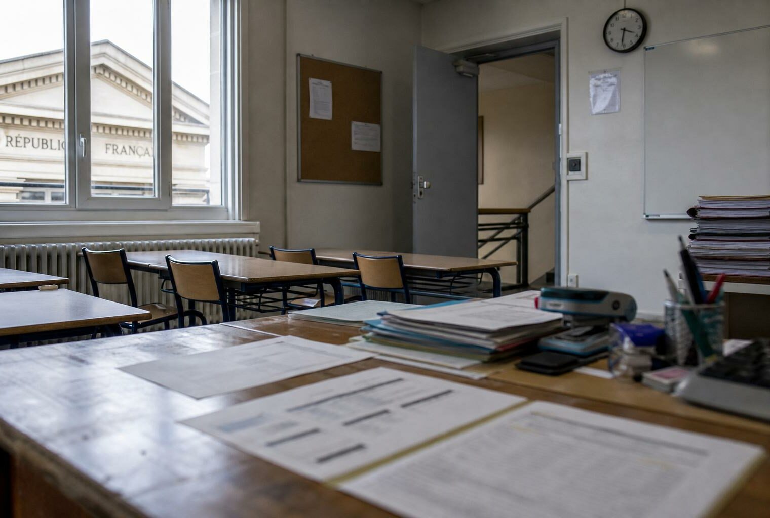 Salle de classe vide dans une école publique française avec documents flous et plaque institutionnelle, illustrant l’impact du congé de naissance sur la rentrée 2026.