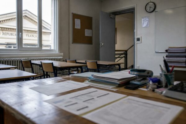 Salle de classe vide dans une école publique française avec documents flous et plaque institutionnelle, illustrant l’impact du congé de naissance sur la rentrée 2026.