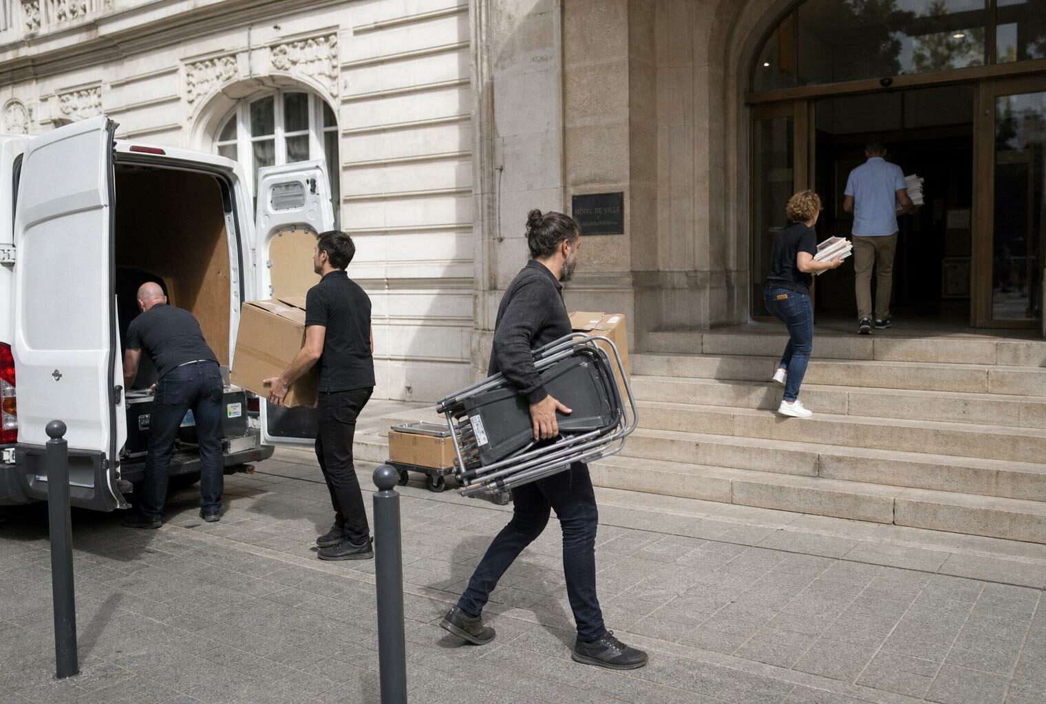 Des bénévoles préparent une salle de congrès à Orléans avec des cartons et des chaises, en scène de reportage.