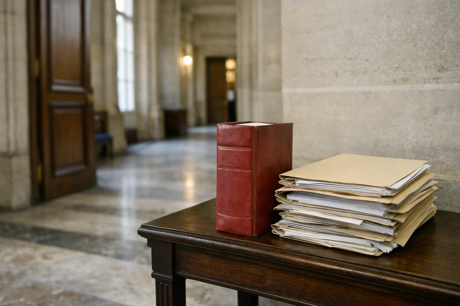 Couloir institutionnel vide du Conseil d’État avec marbre, boiseries et code juridique sur une table.