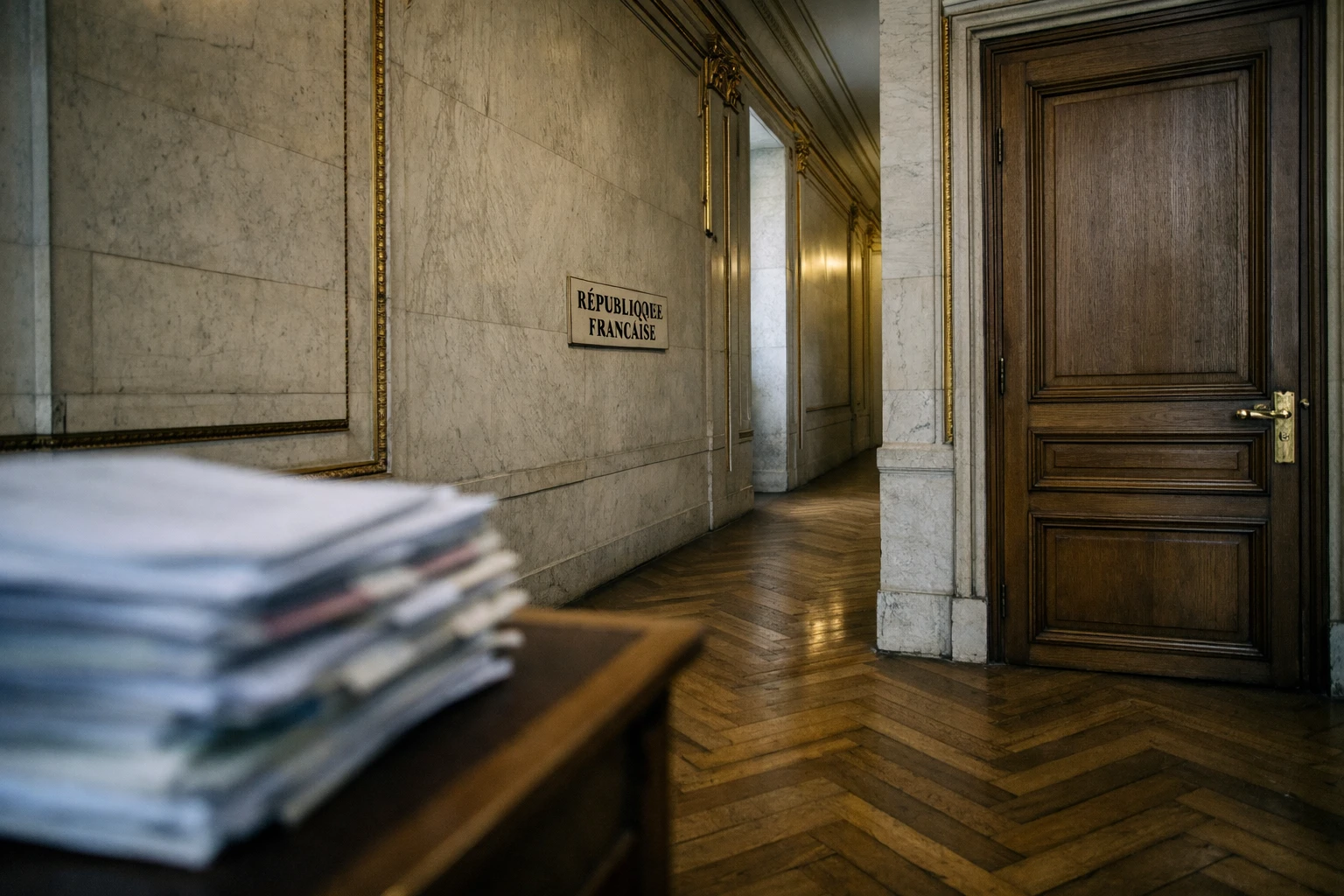 Couloir institutionnel vide du Conseil d’État à Paris avec marbre, dorures et dossiers officiels flous.