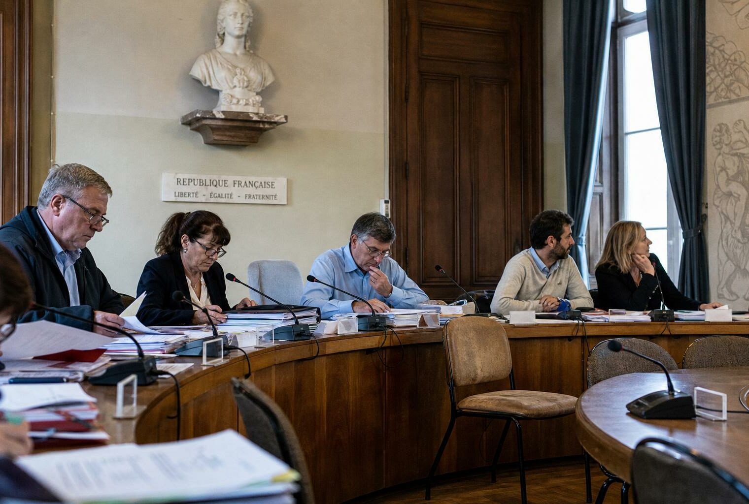 Salle municipale éclairée naturellement avec chaise vide, micros et dossiers flous pour illustrer la crise des partis politiques.
