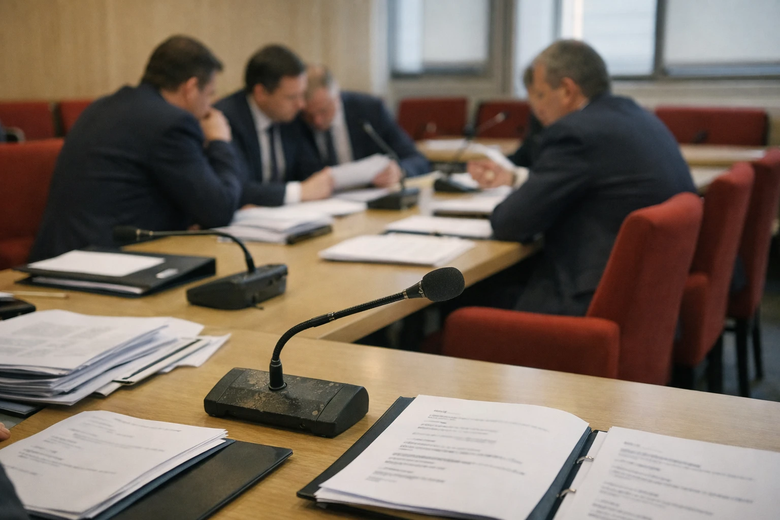 Réunion politique dans une salle parlementaire française, avec micros et dossiers ouverts autour d’une table