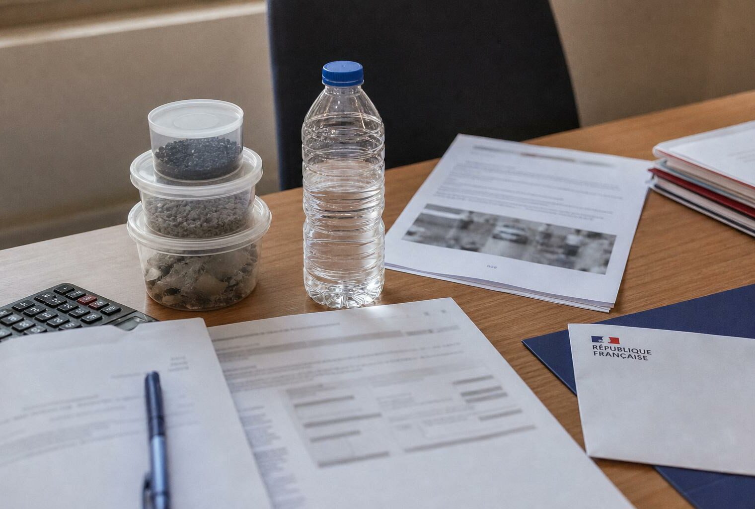 Vue de dessus d’un bureau institutionnel français avec bouteille en plastique, papiers de politique publique et calculatrice sur fond neutre