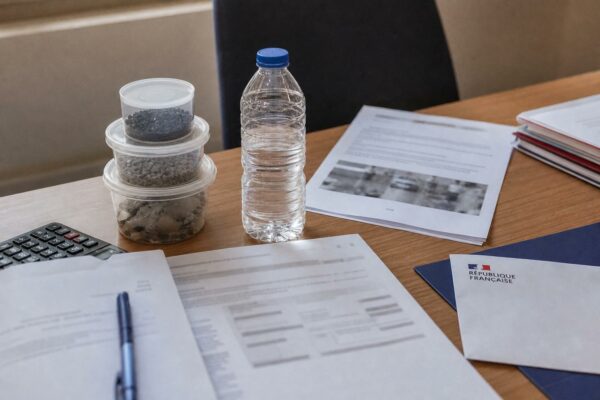 Vue de dessus d’un bureau institutionnel français avec bouteille en plastique, papiers de politique publique et calculatrice sur fond neutre