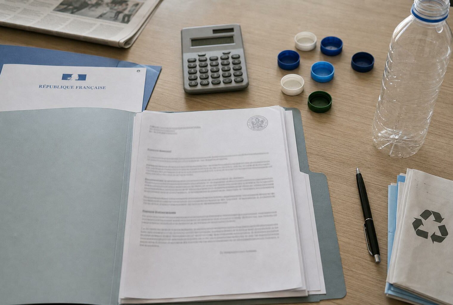 Flat lay éditorial d’un bureau avec lettre officielle française, calculatrice, dossier flou et objets liés au recyclage plastique.