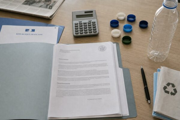 Flat lay éditorial d’un bureau avec lettre officielle française, calculatrice, dossier flou et objets liés au recyclage plastique.