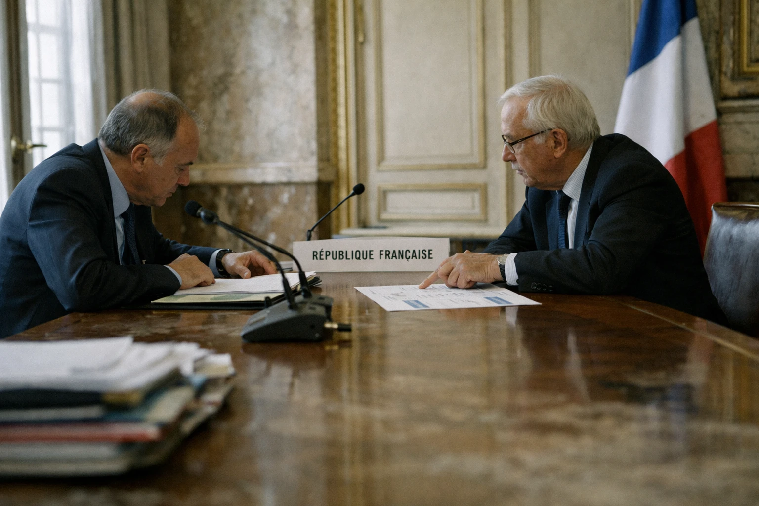 Deux conseillers politiques anonymes discutent dans un salon institutionnel français avec micros et dossiers, dans une ambiance de presse éditoriale.