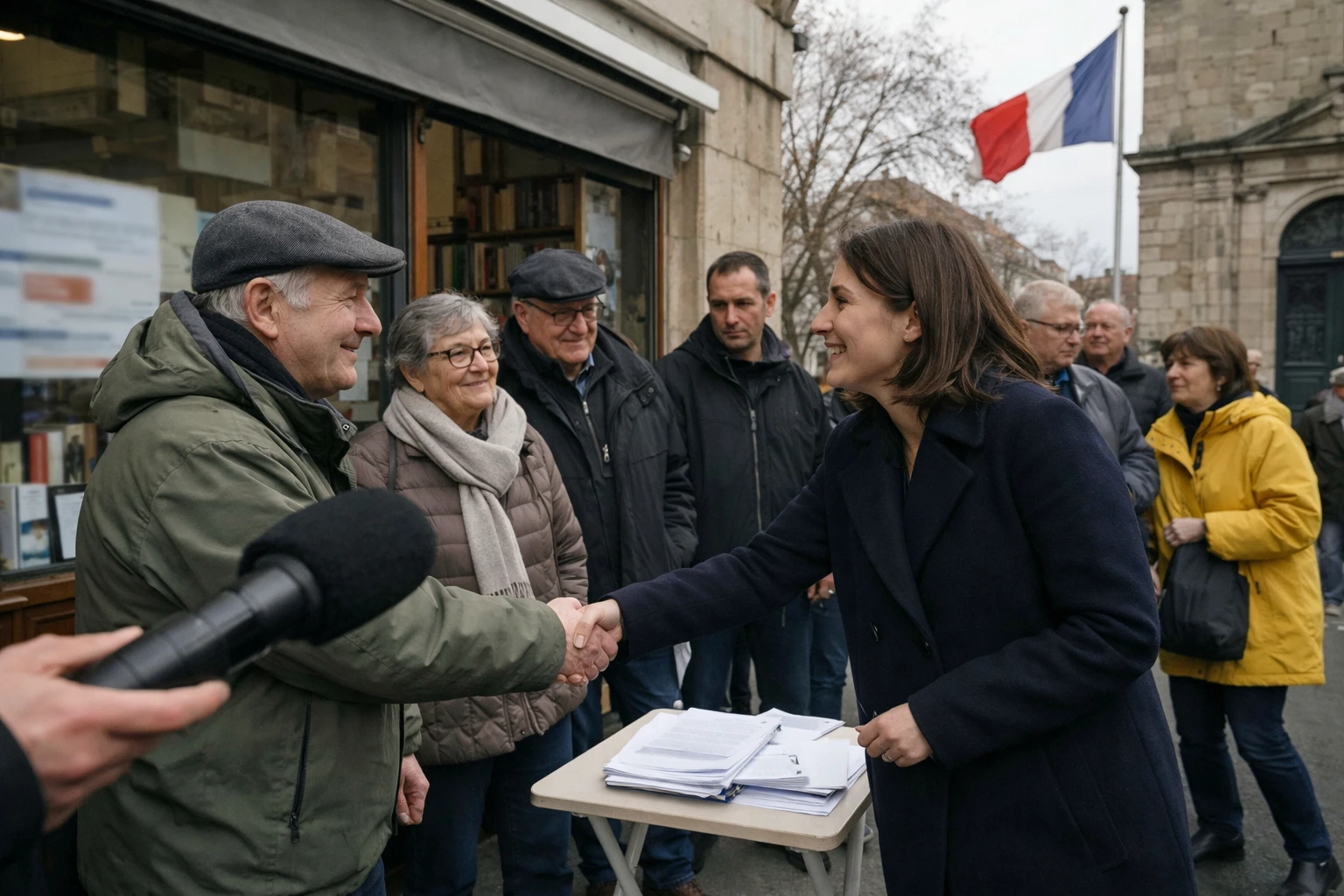Une consultation politique à Strasbourg avec une petite foule devant une librairie, dans un décor de presse réaliste et institutionnel.