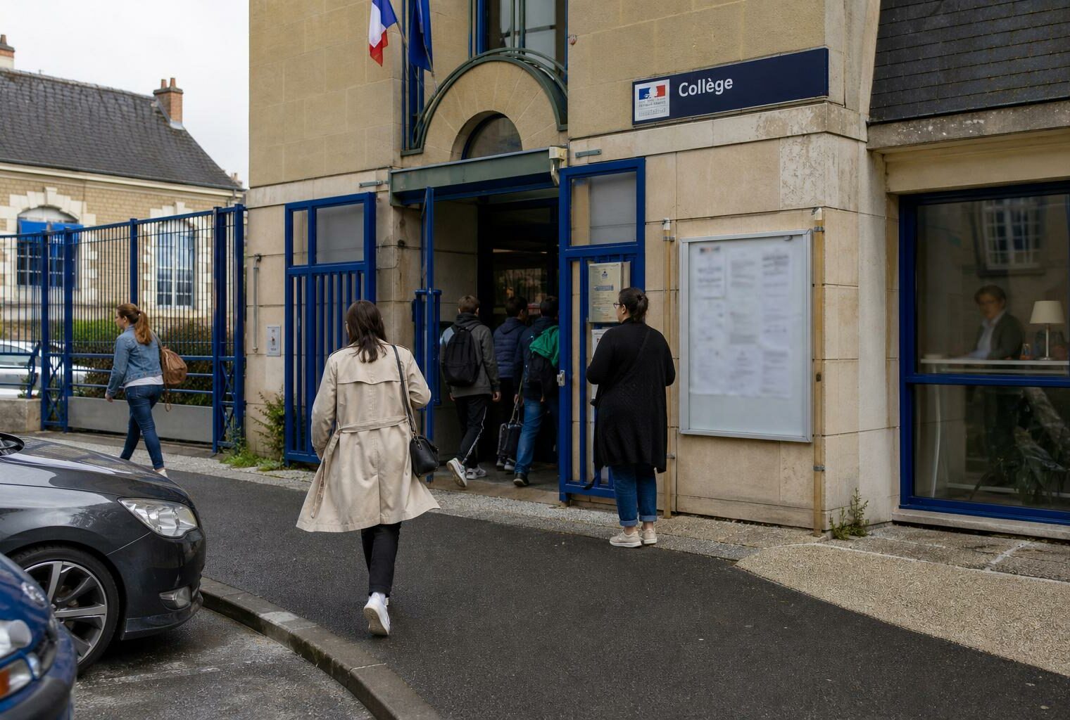 Des parents anonymes passent devant l’entrée d’un collège de ville moyenne, dans une scène de reportage claire et naturelle.