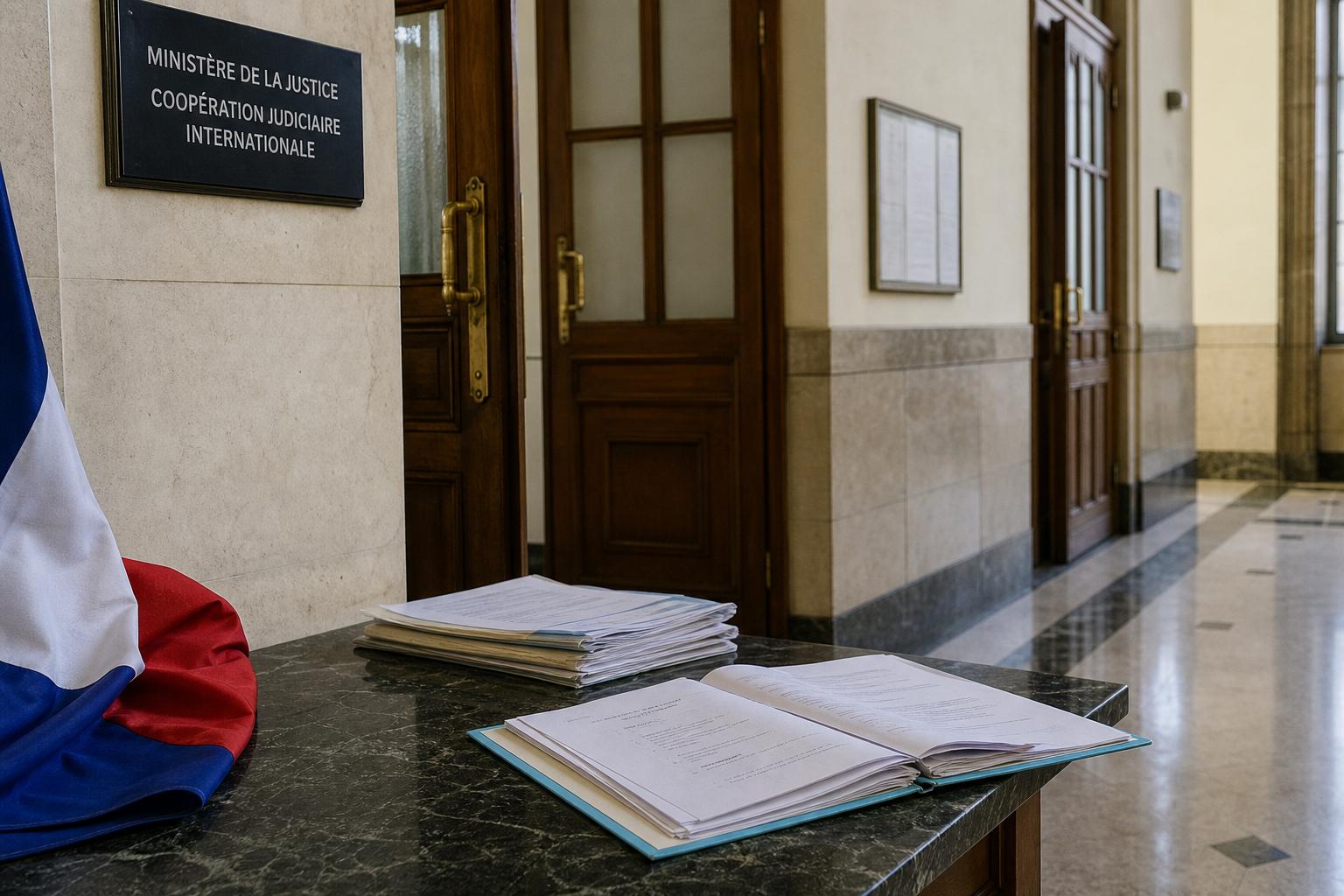 Intérieur institutionnel vide avec dossier juridique et drapeau tricolore partiellement visible, illustrant la coopération judiciaire franco-algérienne.