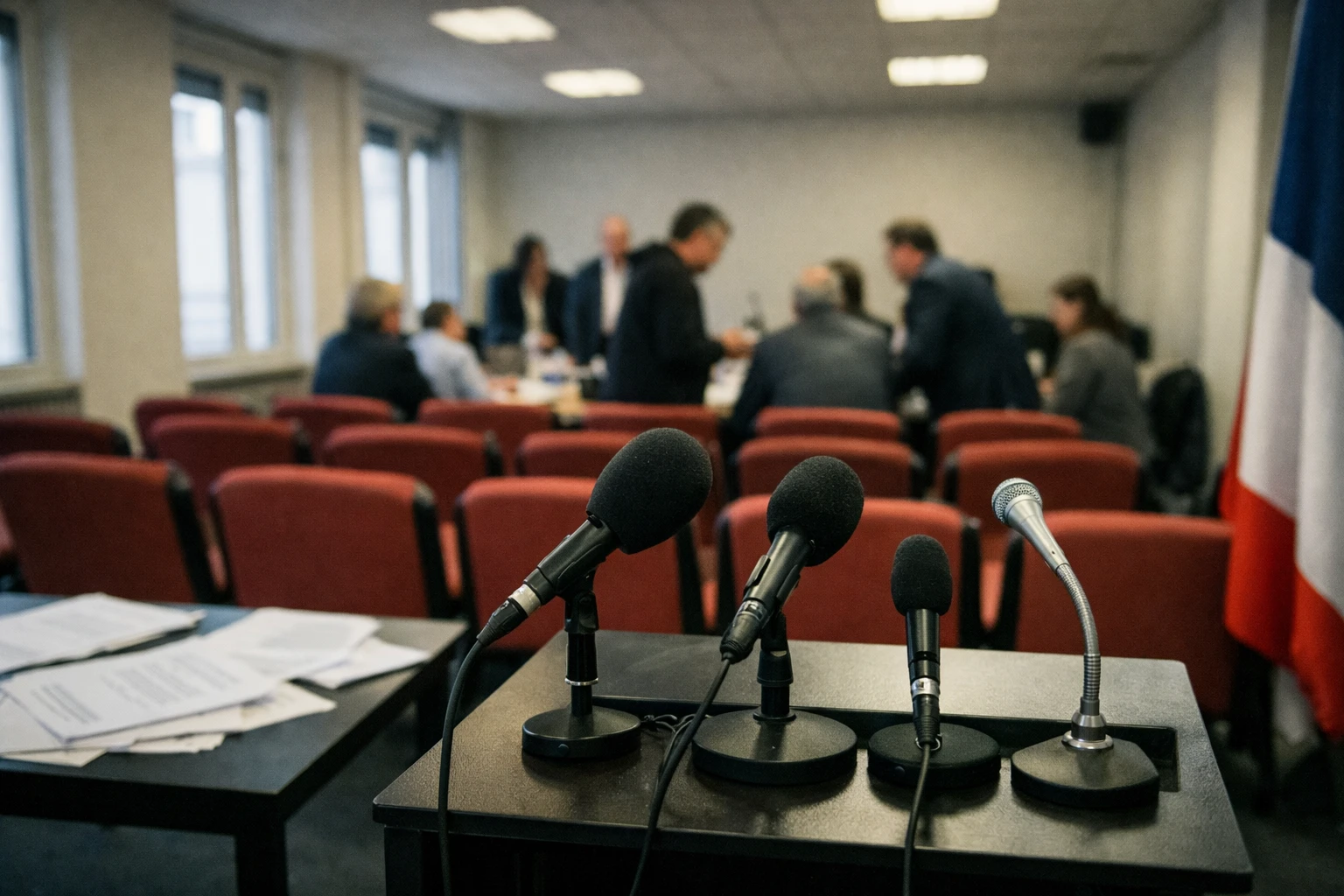 Salle de presse politique française vide avec pupitre, micros et sièges rouges pour illustrer le débat interne des Républicains.
