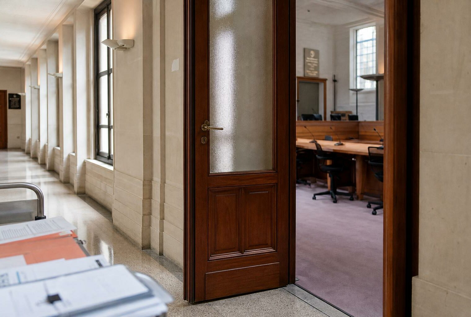 Couloir clair d’un bâtiment institutionnel français menant à une salle d’audition vide