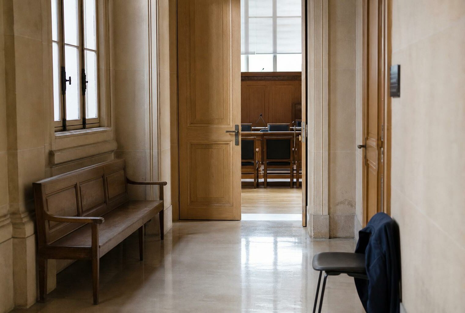 Couloir clair d’un bâtiment institutionnel français menant à une salle d’audition, en lumière naturelle