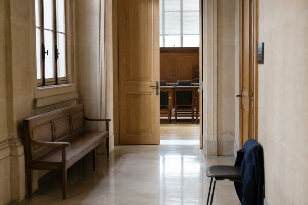 Couloir clair d’un bâtiment institutionnel français menant à une salle d’audition, en lumière naturelle