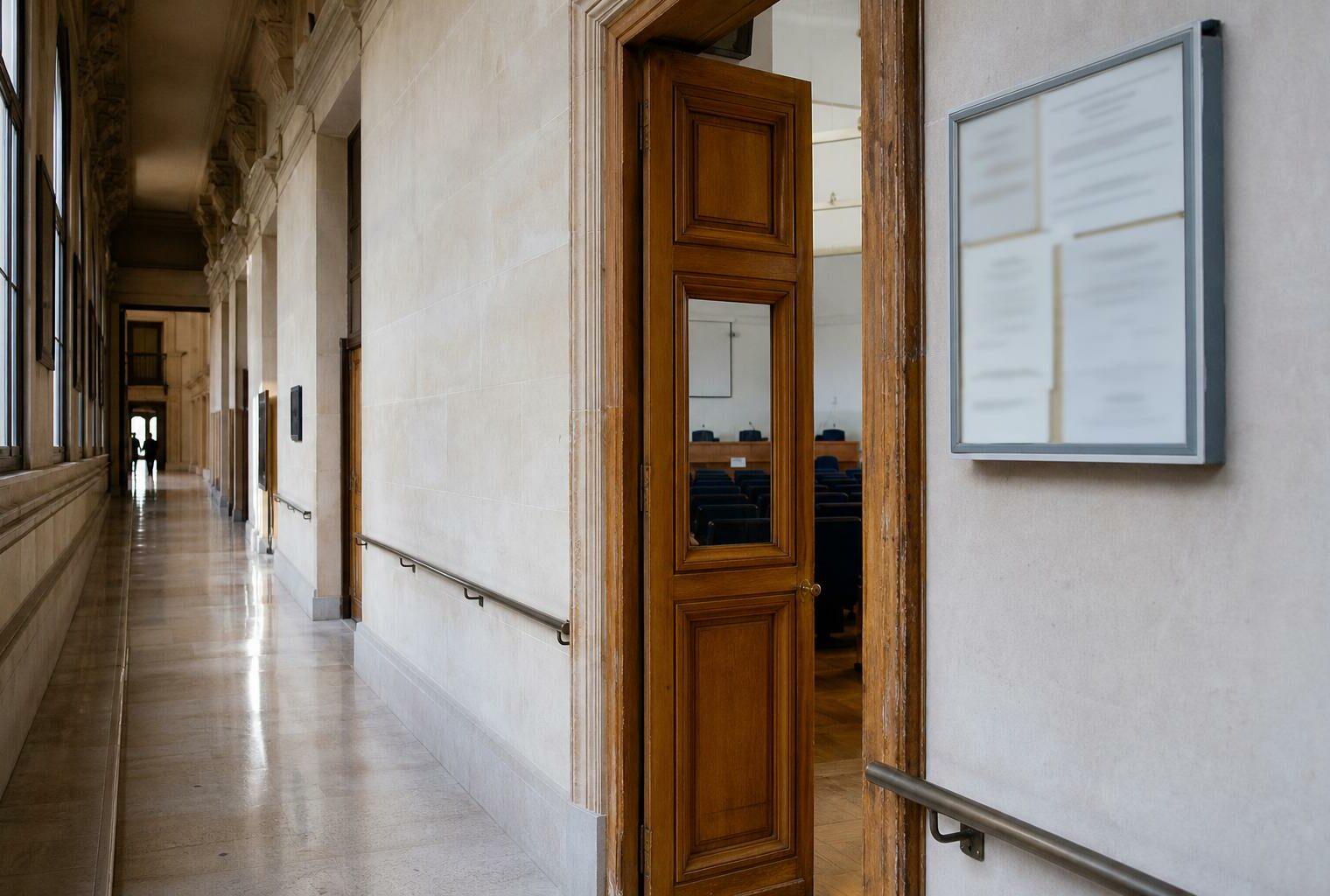 Couloir lumineux d’un bâtiment institutionnel français avec porte entrouverte sur une salle d’audition vide.
