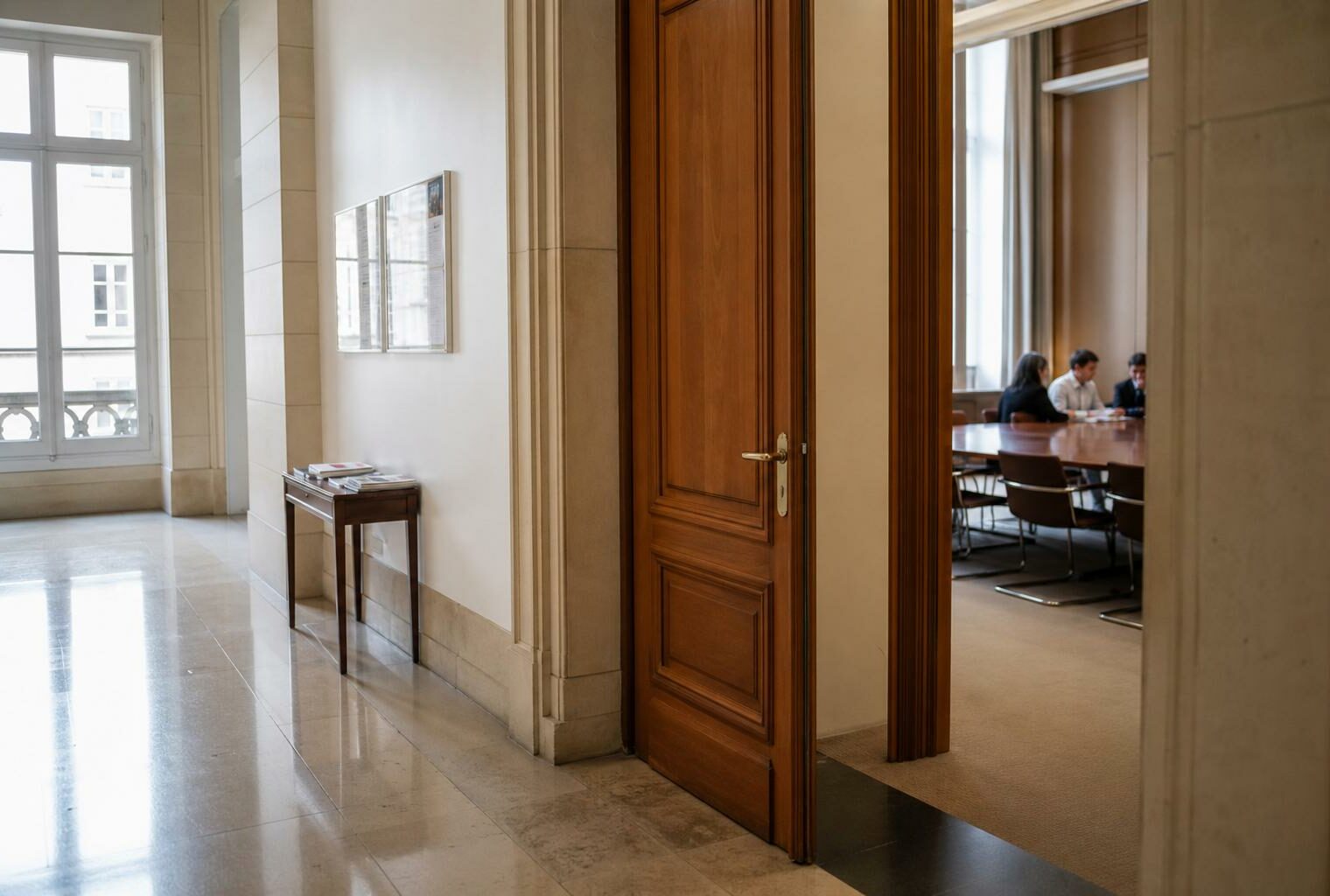 Couloir lumineux d’un bâtiment institutionnel français, porte sobre et ambiance calme de réunion publique