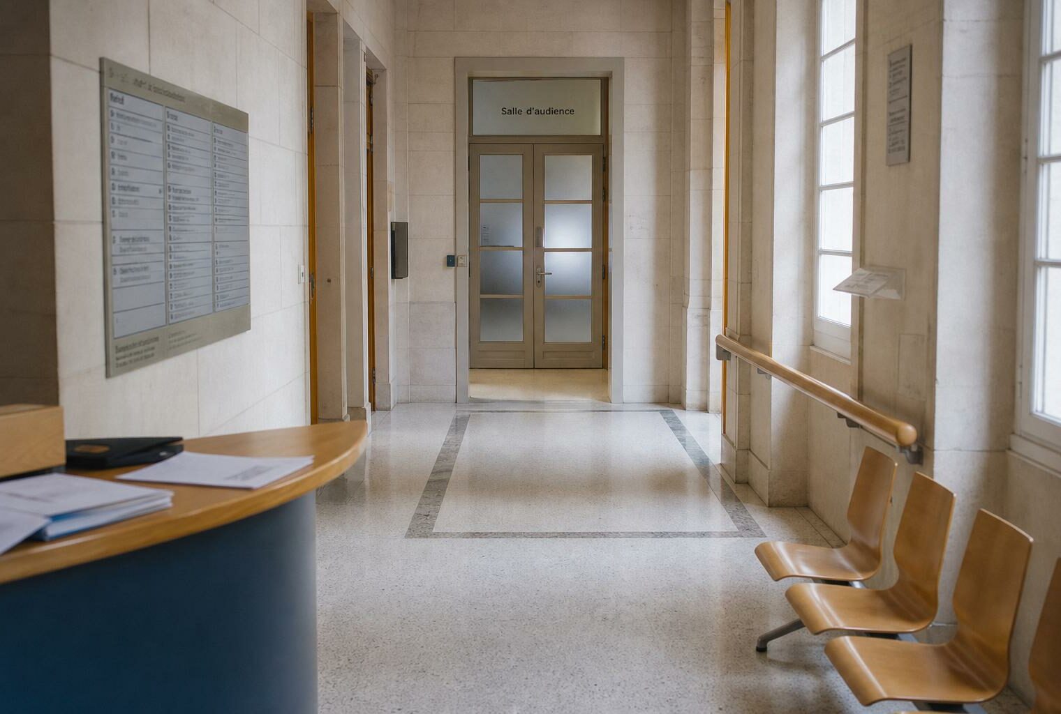 Couloir clair d’un bâtiment institutionnel français, porte vitrée floue et salle d’audition discrète en arrière-plan.