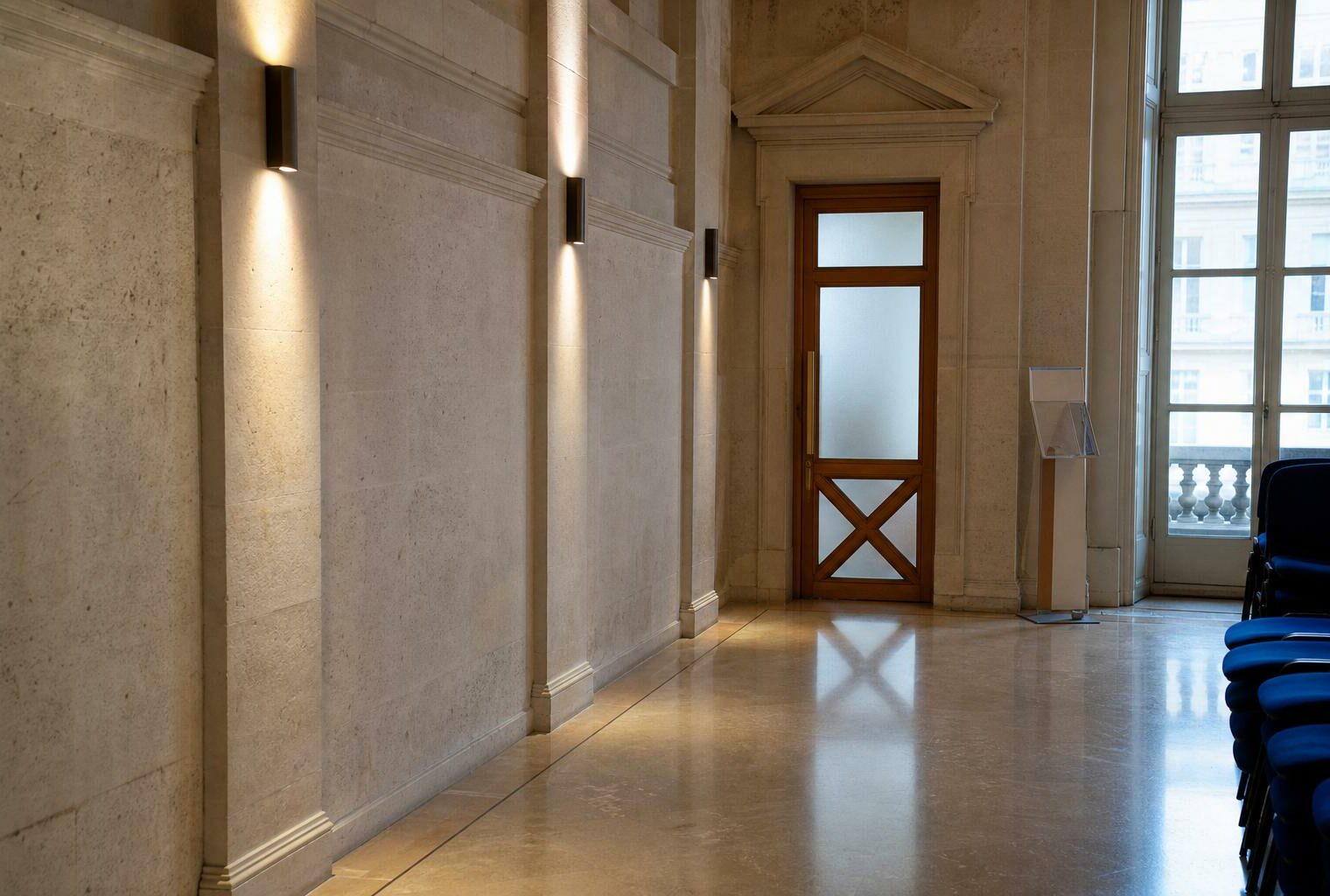 Couloir clair d’un bâtiment institutionnel français menant à une salle d’audition, ambiance sobre et documentaire.
