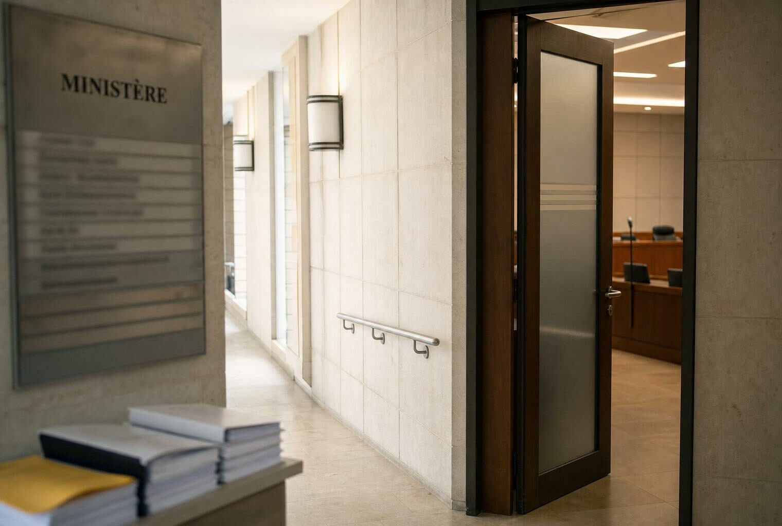 Couloir clair d’un organisme régulateur, avec porte entrouverte vers une salle d’audition et dossiers flous.