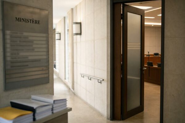 Couloir clair d’un organisme régulateur, avec porte entrouverte vers une salle d’audition et dossiers flous.