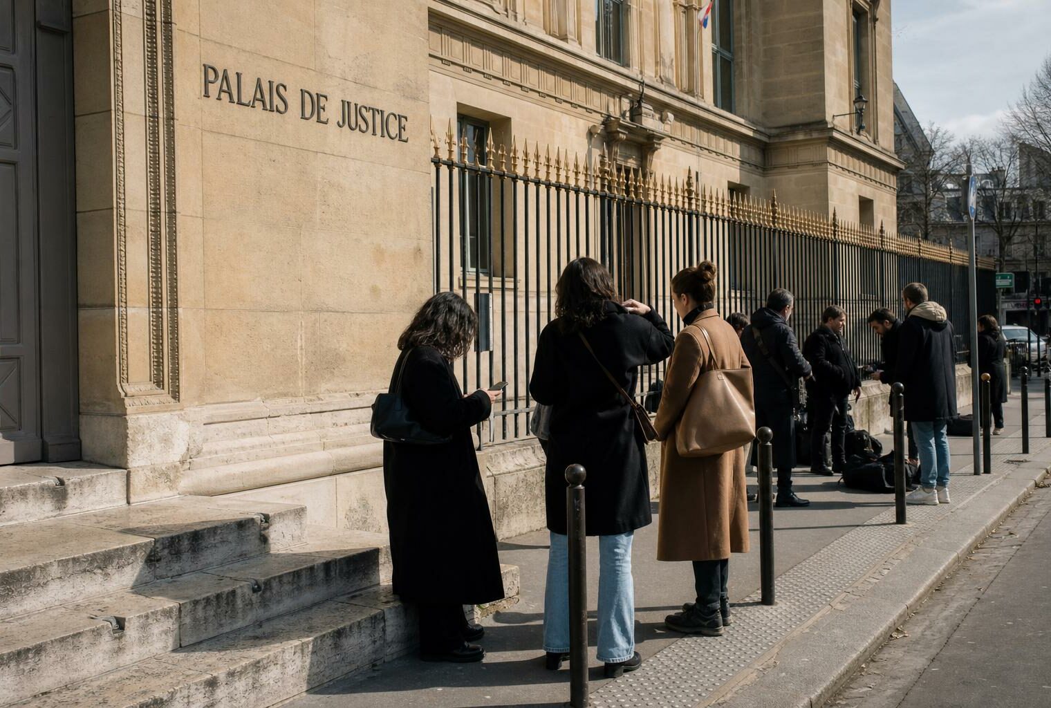 Devant le palais de justice de Paris, journalistes et passants anonymes attendent une décision de procès sous une lumière claire.