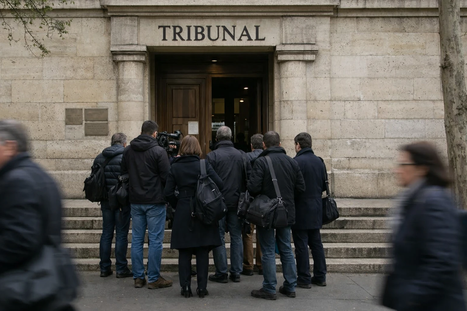 Façade d’un tribunal parisien après l’interdiction d’une marche d’ultradroite, avec des journalistes anonymes et une ambiance sobre.