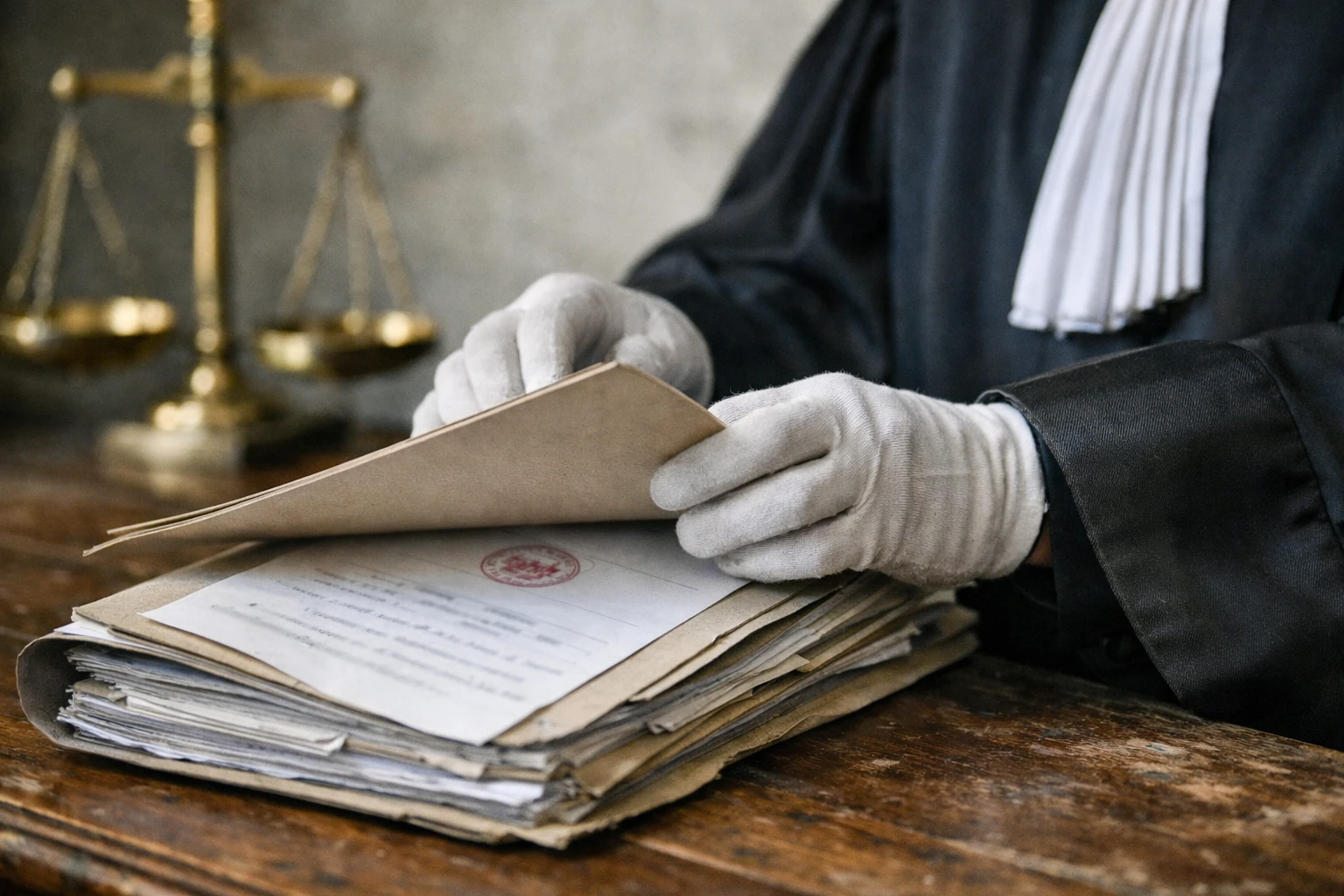 Gros plan photojournalistique sur un dossier judiciaire ouvert au palais de justice de Paris, avec robe de magistrat et balance de la justice floue en arrière-plan.