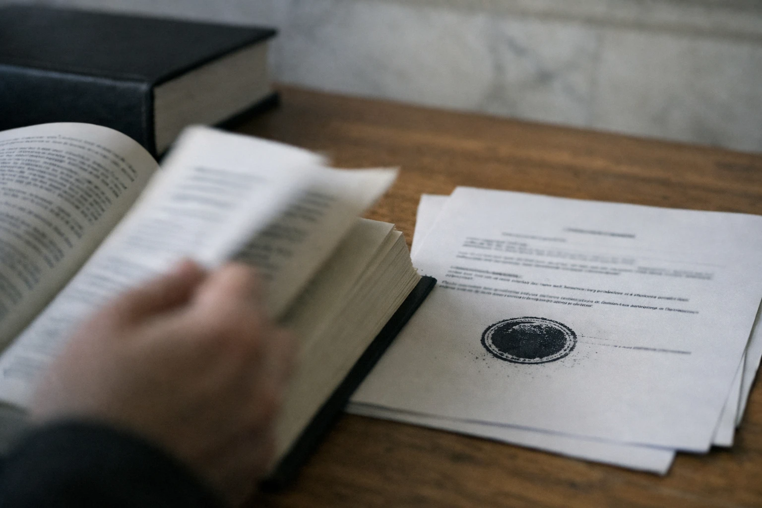 Close-up editorial photo of a French legal code and official stamped document on a desk, illustrating the criminalization of solidarity