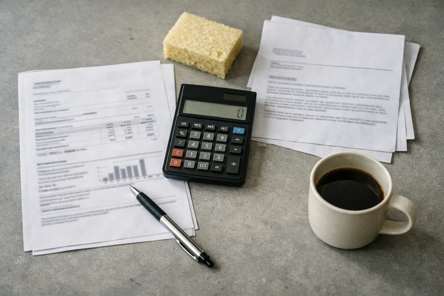 Vue en plongée d’un budget énergie domestique avec facture, calculatrice et documents administratifs français flous