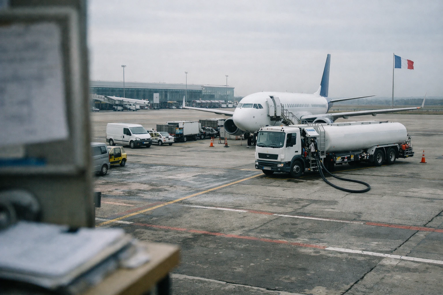 Scène de presse dans un aéroport européen avec avion au sol, camion de ravitaillement et petit drapeau français au loin.