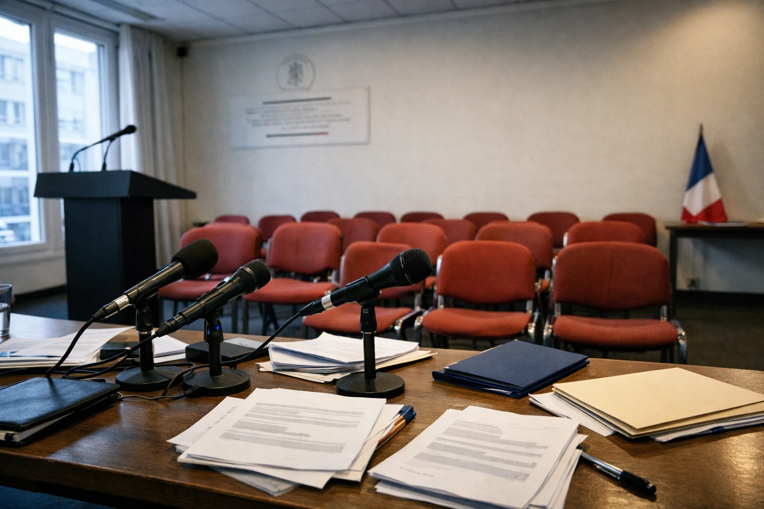 Salle de presse vide d’un parti politique français avec pupitre, micros et rangées de chaises rouges